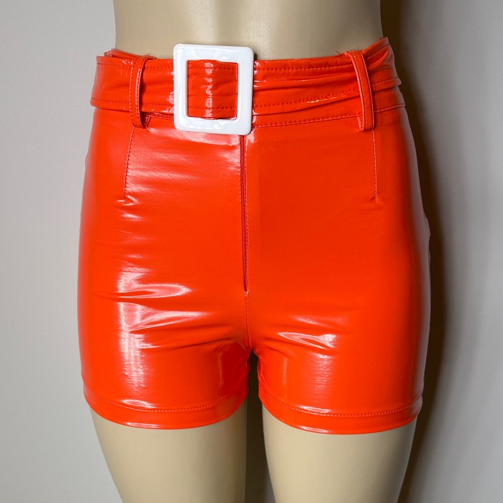 High-Shine Orange Vegan Leather Women’s Shorts with Belt